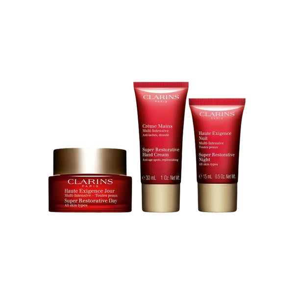 Clarins Super Restorative Day Cream Set:
 Super Restorative Day Cream 50ml (All Skin Types) +
 Super Restorative Night Cream 15ml (All Skin Types) +
 Super Restorative Hand Cream 30ml